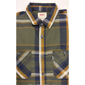 Levis Brown Blue Plaid Shirt Mens Small Button Up Long Sleeve